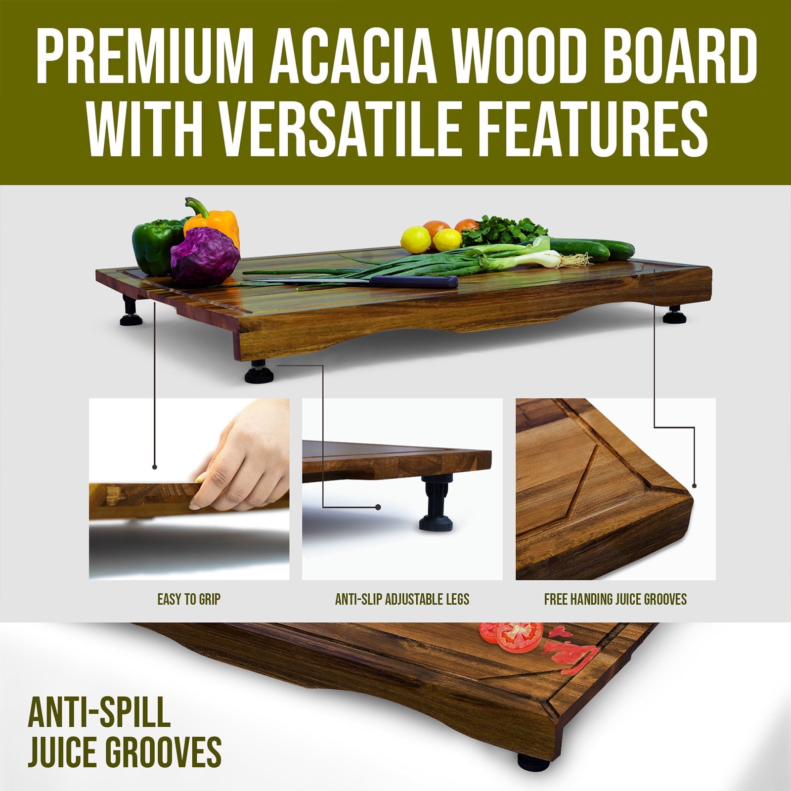 Cucina Green 30 inches Noodle Board, Stove Top Cover, Chopping Board, Acacia Wood Adjustable Legs
