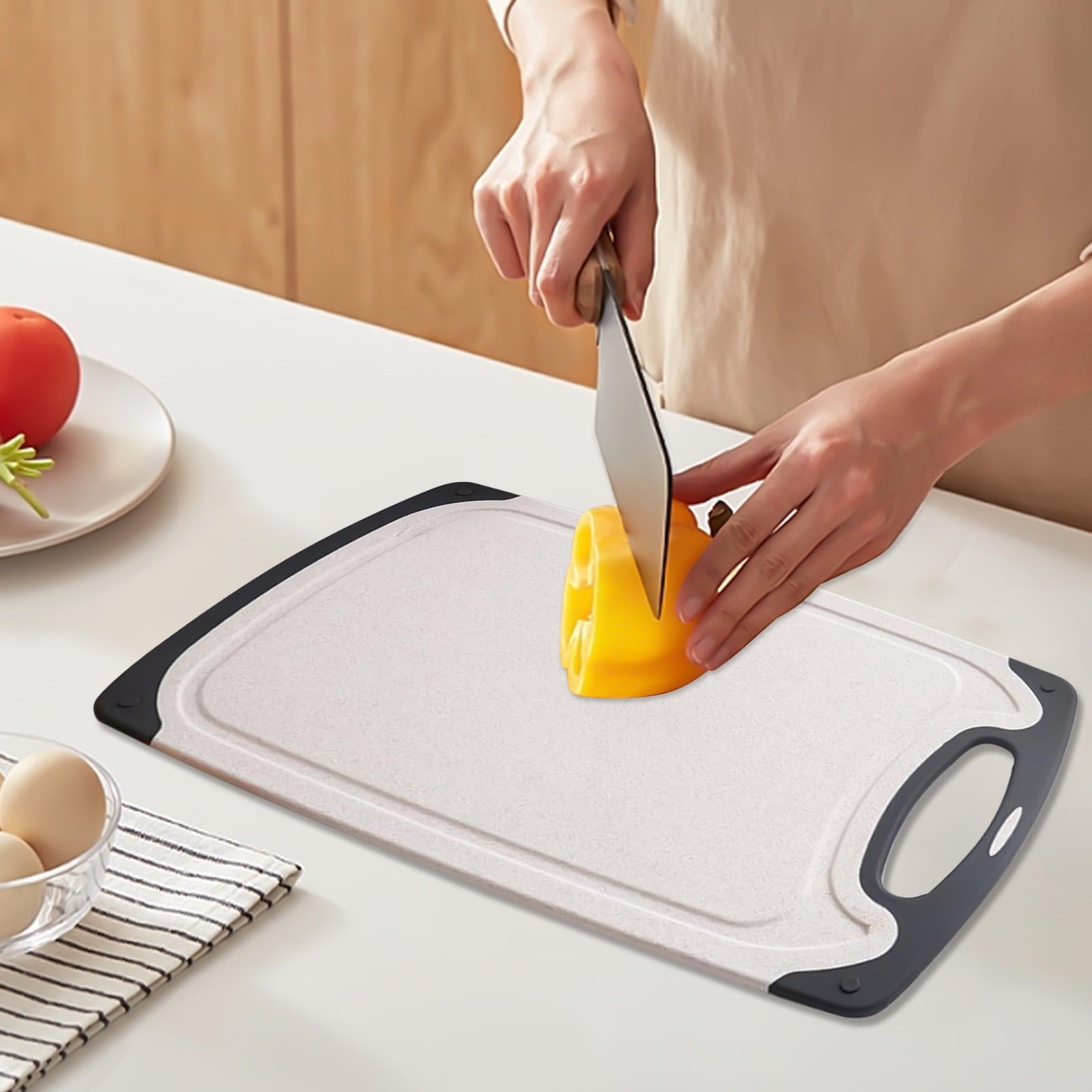 QIIBURR Plastic Cutting Boards for Kitchen Dishwasher Safe, Extra Large Cutting Board for Meat with Juice Grooves, Easy Grip Handle, Non-Slip, with Grinding Area